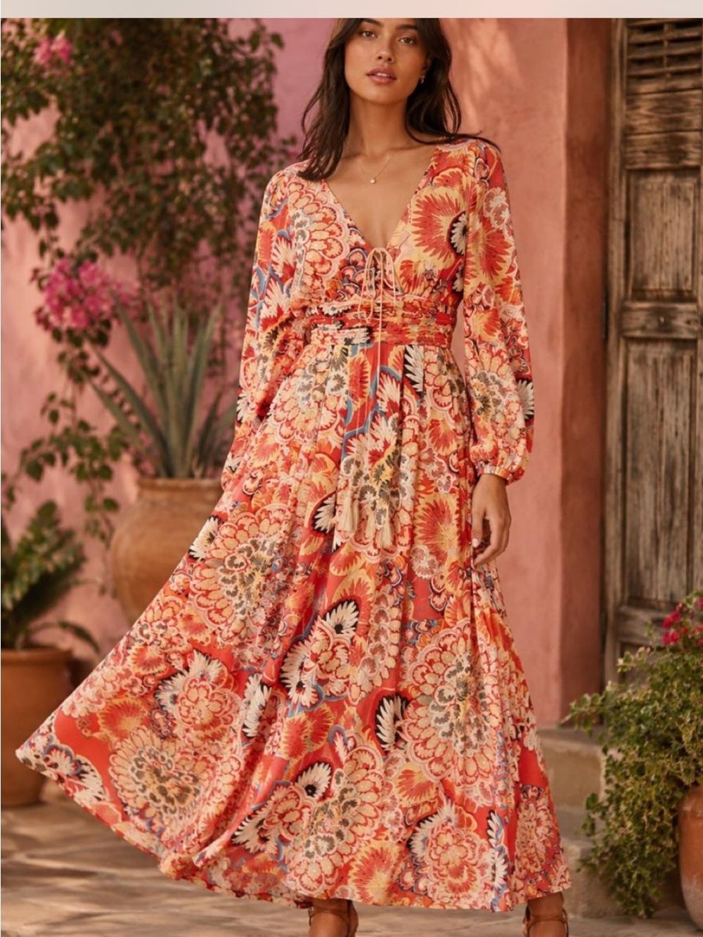 Traffic People Coral Floral Boho Maxi Dress